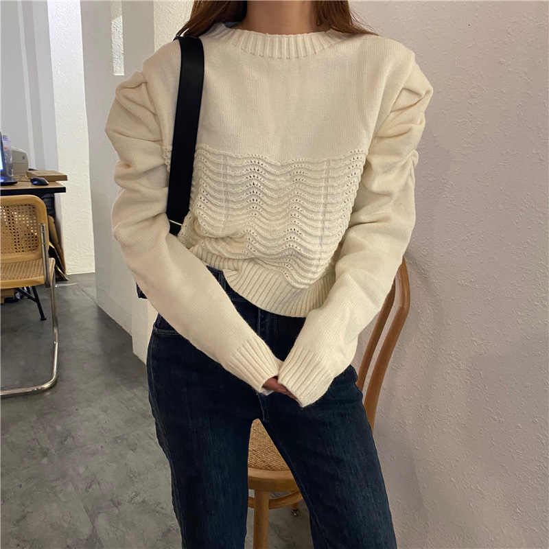 

2021 New Women's Fancy Winter Clothes Sweater Vest Solid Puff Sleeve-to-neck Standard Wave RX70, Beige