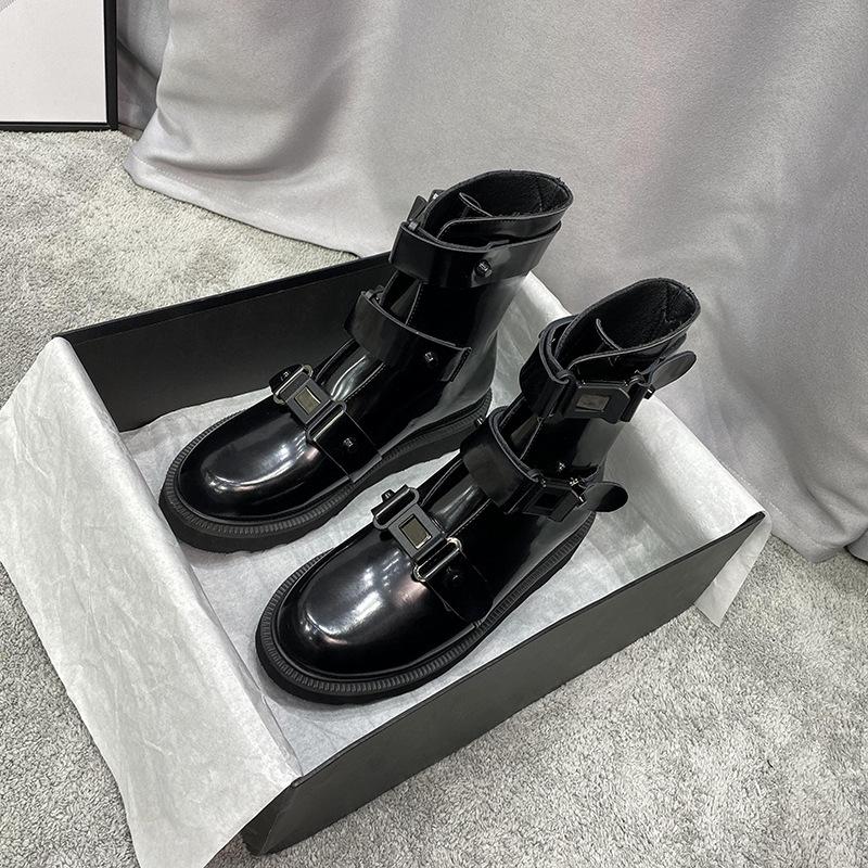 

British Style Boots Shoes Women Real Leather Fashion Ladies Chunky Footware Buckle Female Botas Mujer Black