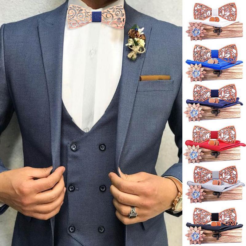 

Manual Wooden Bow Tie Handkerchief Set Men's Bowtie Wood Hollow Carved And Box1