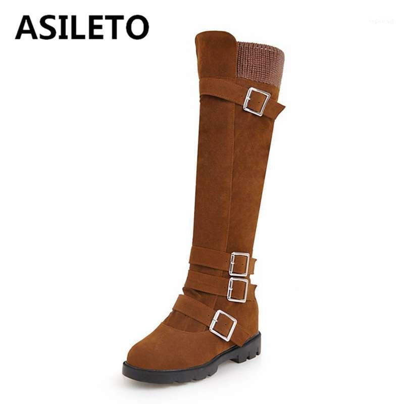 

ASILETO autumn winter shoes woman round toe knee high boots women buckle long booties zipper flock footwear botas mujuer size431, Black