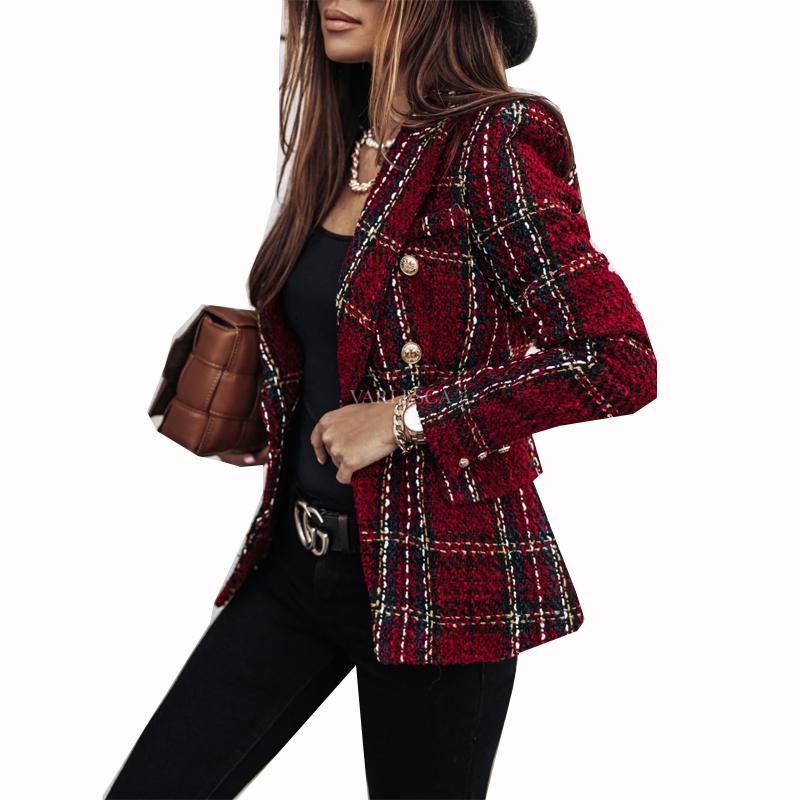 

Women' Suits & Blazers STYLISH LADY Plaid Printed Blazer 2021 Autumn Women Long Sleeve Double Breasted Notched Chic Elegant Office Outwear, Beige