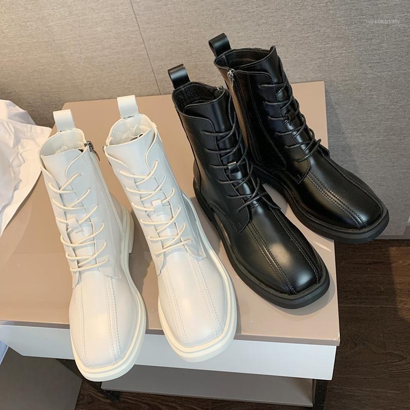 

2021 Winter Elegant Women Warm Fur Boots Spring Beige Black Low Heels Square Toe Lace Up Flat Ankle Boots Cowboy Shoes1, Black-non fur