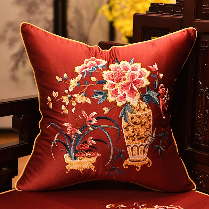 

Vase Flowers Embroidered Classical Chinese Cushion Covers Red Yellow Waist Pillowcases Floral Pillow Covers Home Sofa Decoration, Veemi 02