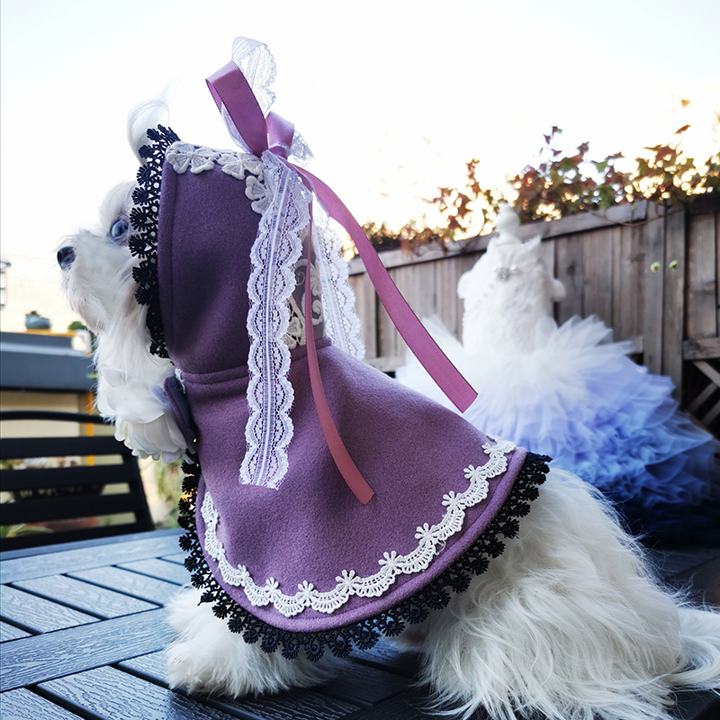 

Free Shipping Handmade Dog Clothes Winter Coat Cute Girl Cape Woolen Cloak Light Warm Pet Cat Outer Poodle Maltese Drop Shipping, Purple