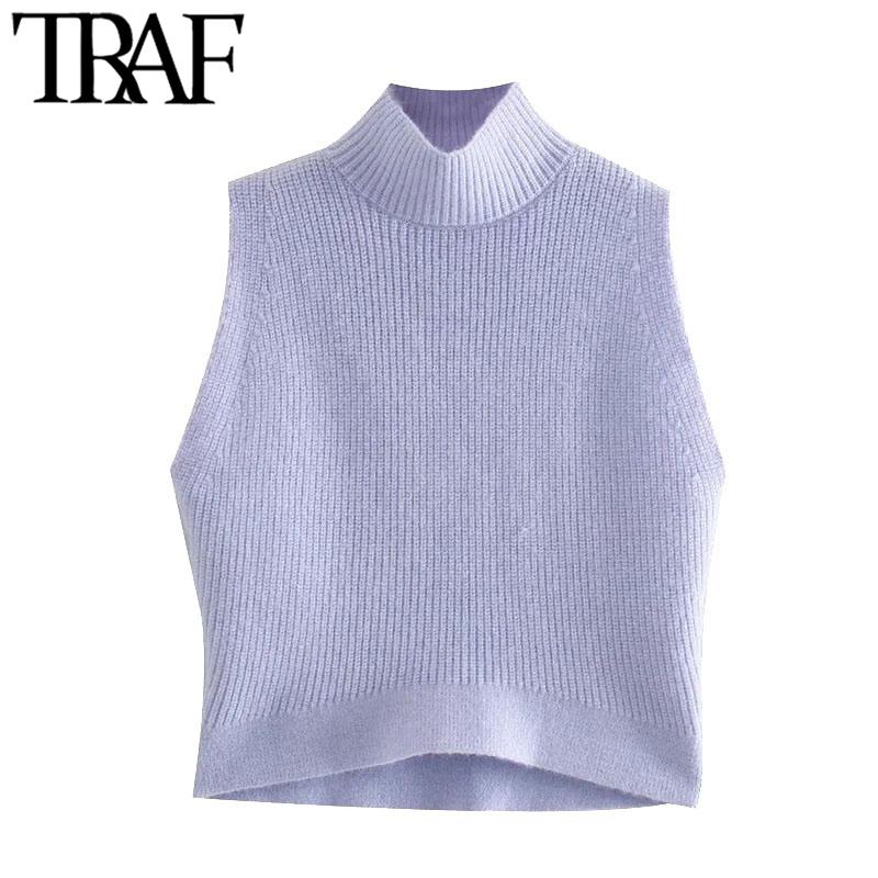 

TRAF Women Fashion Exposed Shoulders Cropped Knitted Sweater Vintage High Neck Sleeveless Female Pullovers Chic Tops, As picture