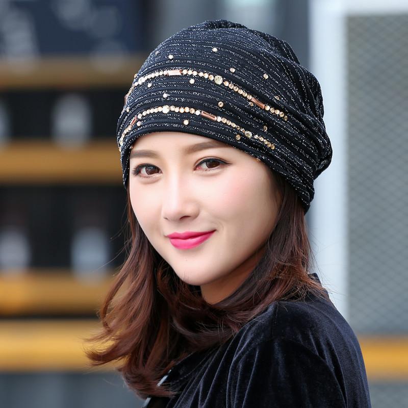 

Women's Round Silver Sequins Beanie Hat Spring Black Cotton Slouchy Hats Beanie For Women Skullies Balaclava Bonnet