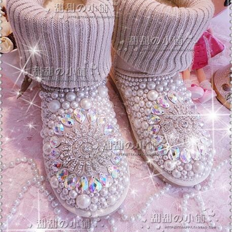 

2020 Wind Lolita Princess Pearl Strass Precious Craftsmanship Leather Boots Snow Two Wear Bxel, Sand color