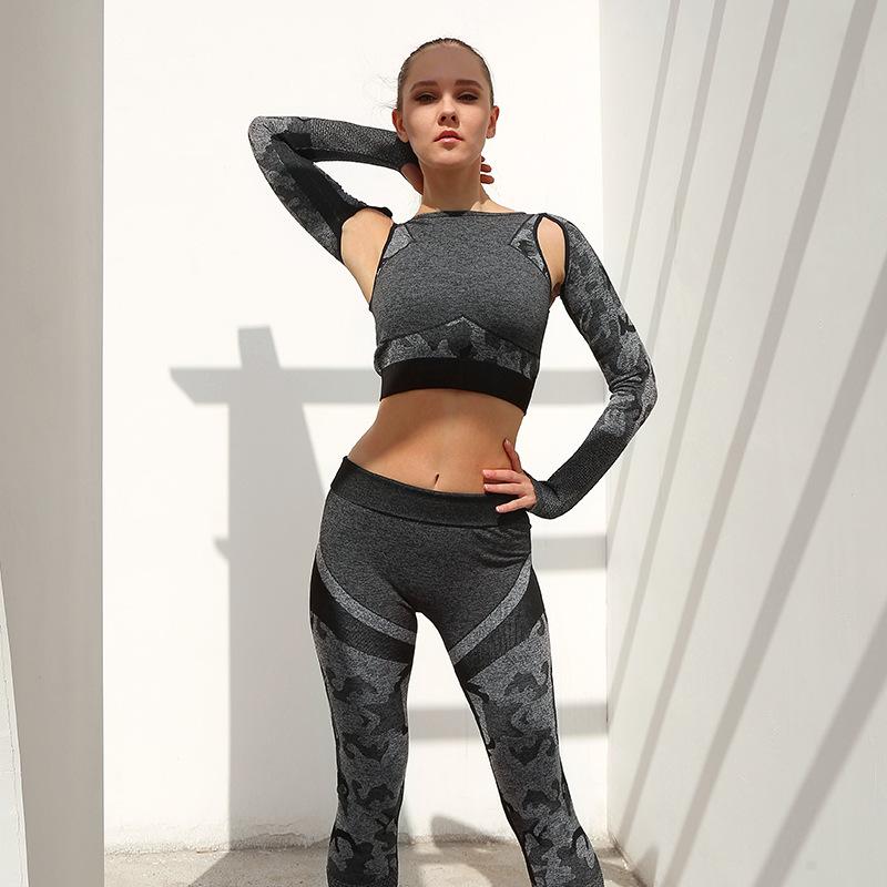 

Seamless Camouflage Yoga Set Women Fitness Workout Gyme Crop Top Colorful Long Sleeves Sportwear Yoga Bra Beathable Leggings, Black
