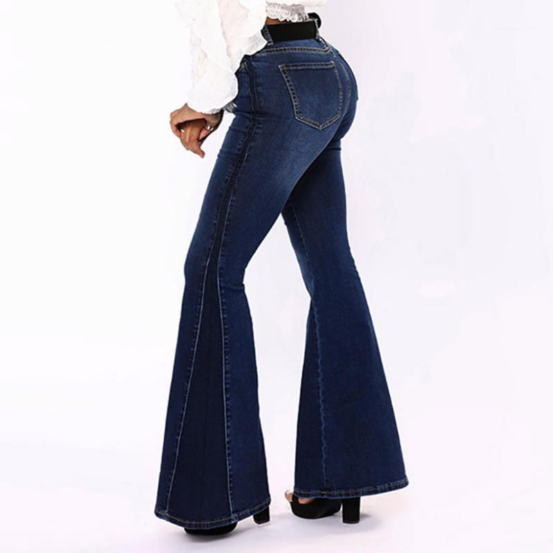

Women Elastic Plus Loose Denim Pocket Button Casual Flare pants Pant Jeans_3.131, Dark blue