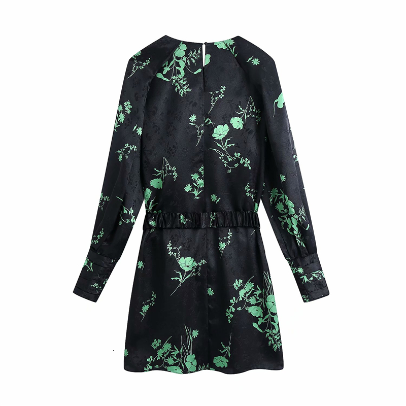 

New Elegant Women O-neck Floral Print 2021 Fashion Ladies Sashes Streetwear Female Chic High Waist Mini Es 71p8, Black
