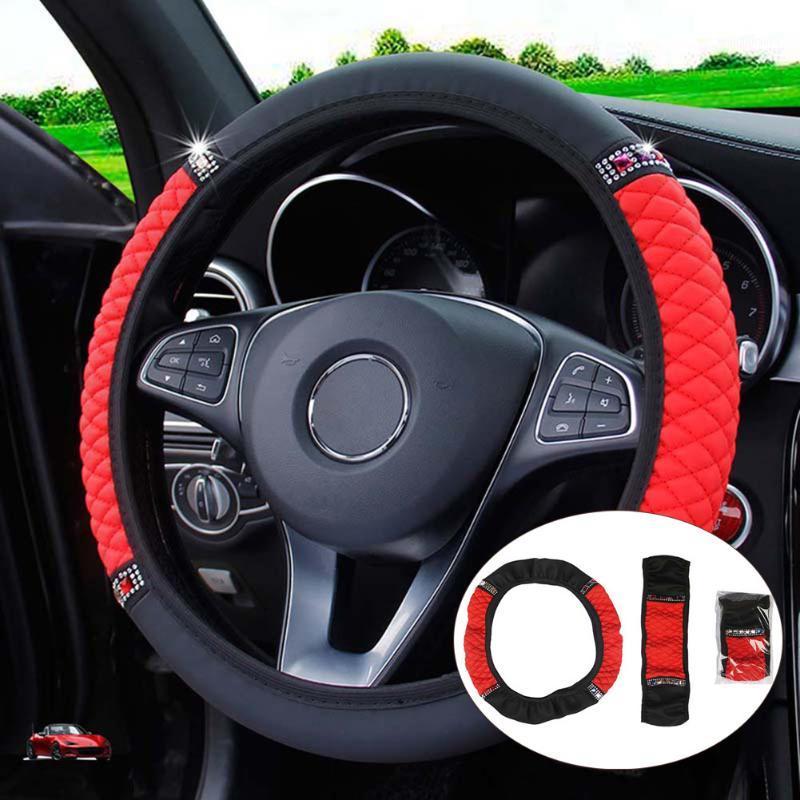 

Steering Wheel Covers Black Red Cover For 38-37CM Leather Parts