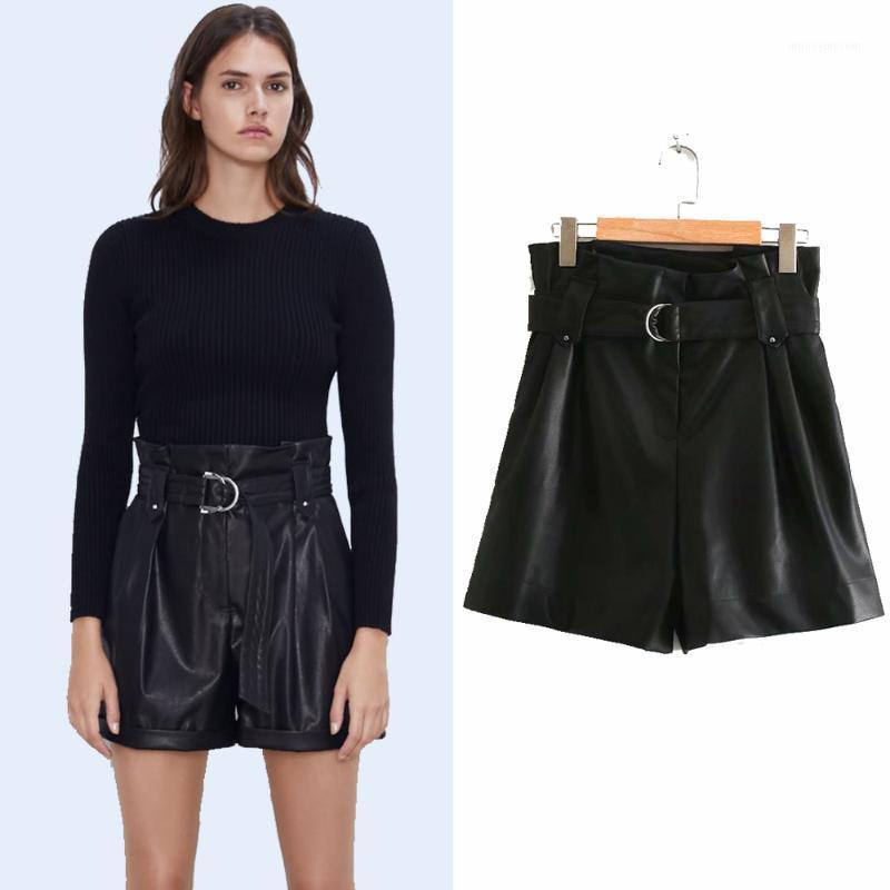 

Spring 2020 Faux Leather Casual Shorts High Waist Rolled Hem Pockets Front Zip Closure with Free Belt Shorts1, 01