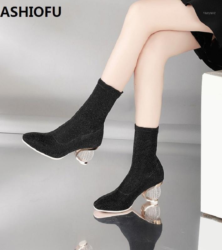

ASHIOFU Women Handmade Ankle Boots Stretch-leather Crystal Heel Winter Boots Sexy Party Prom Fashion Daily Short Shoes1, Black