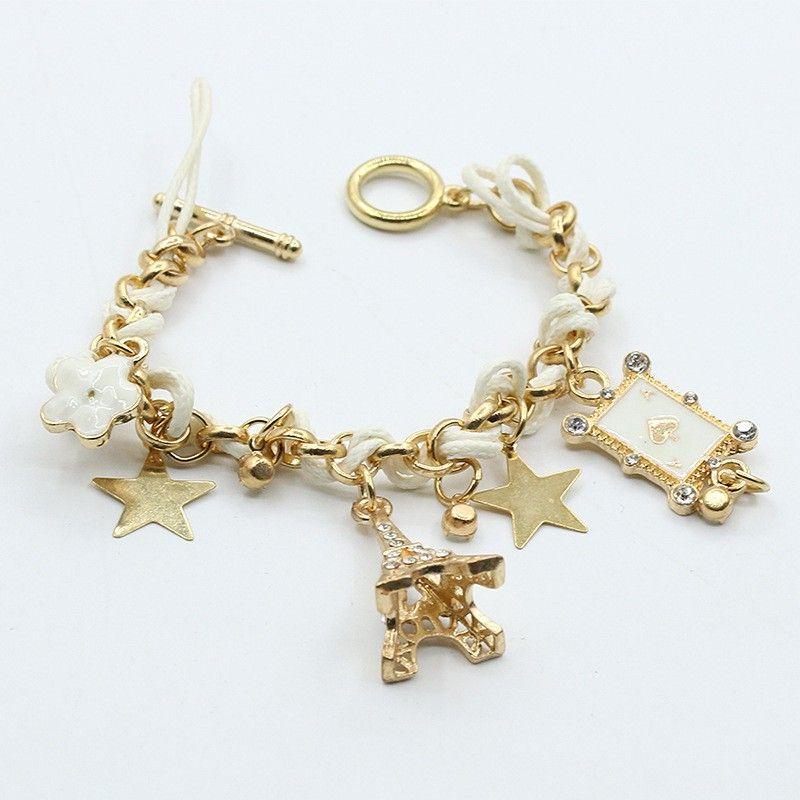 

Women Flowers Stars Hearts Paris Eiffel Tower Crown Poker Cute Bangle Leather Rope Chain Bracelet Good Gift for Girls