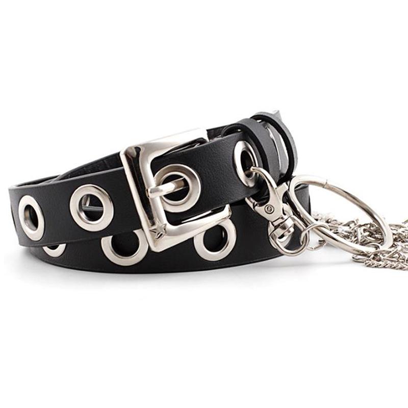 

Best Women Belt Imitation Leather Pin Buckle Belt New Punk Wind Jeans Fashion Individual Decorative With Chain Women, Black