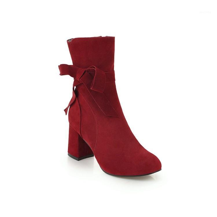 

PQECFS Big size 32-48 high quality 2020 spring & autumn women solid butterfly-knot high heels ankle boots 4 colors1, Black