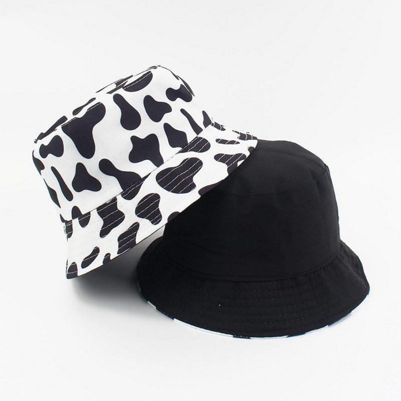 

Cow Printed Fisherman Hat Women Spring Summer Sunshade Hat Flat Top Bucket Hats Outdoor Sunscreen Female Double Face Basin Cap1, 01