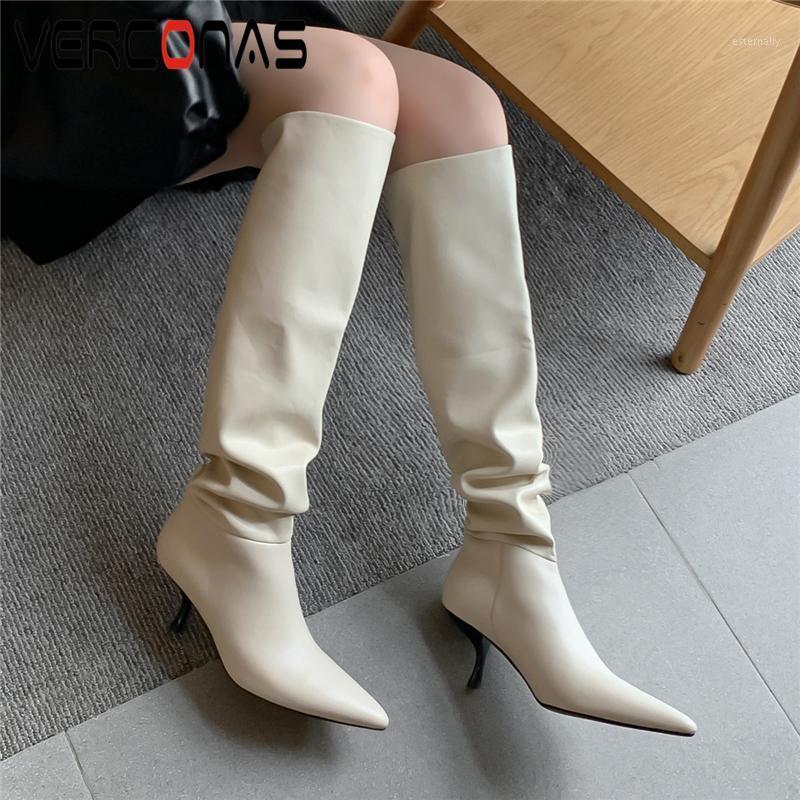 

VERCONAS Fashion Concise Women Knee-High Boots Pointed Toe Thin Heels Shoes Woman Basic Genuine Leather Long Boots Autumn Winter1, Blackr