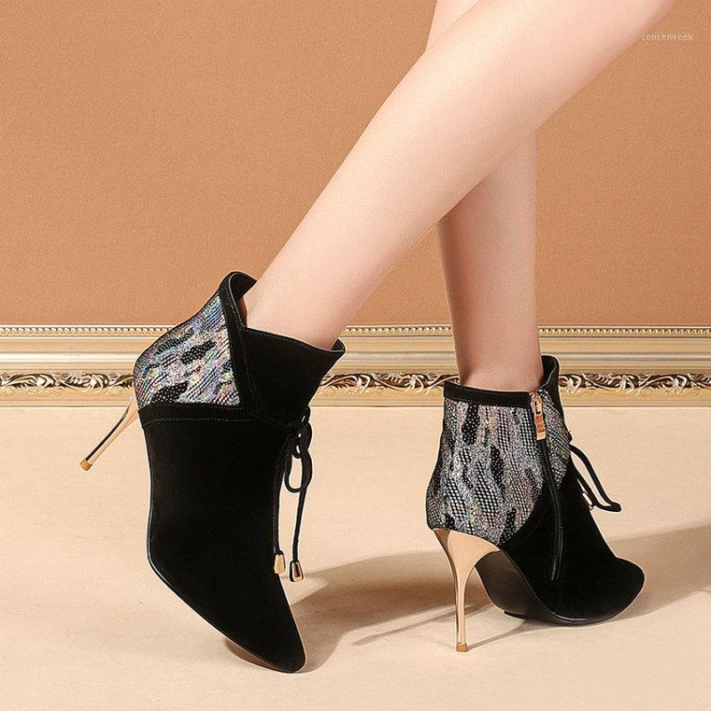 

Genuine Leather high heels Ankle Boots Women Autumn Winter Boots Party Office Shoes Woman Pointed Toe lace up Short1, Black