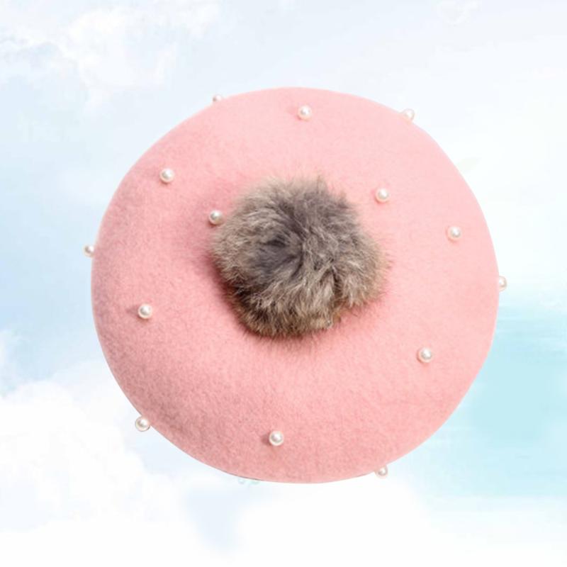 

Pearl Beret Cap Hairball Warm Hat Fashion Beanie Painter Cap Retro Painter Headdress for Kids Children (Red, Grey