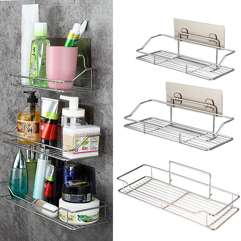 

Stainless Steel Bathroom Kitchen Shelf Storage Adhesive Basket Punch Free Wall-mounted Sundries Storage Rack Bathroom Hook Rack