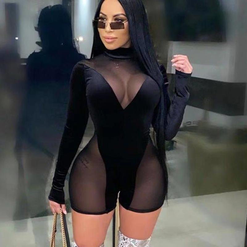 

2020 European and American new ladies stitching mesh see-through long-sleeved jumpsuit, Black