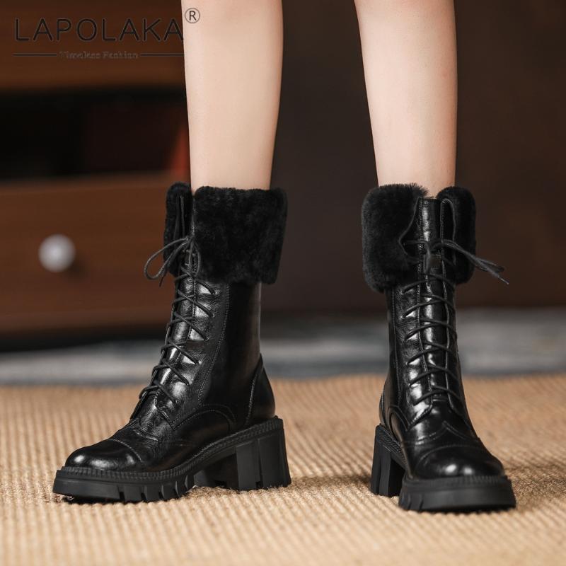 

Lapolaka 2021 Brand New Skidproof Cross Tied Boots Woman Shoes Comfy Genuine Cow Leather Lady Boot Chunky Heels Ladies Boot, Black