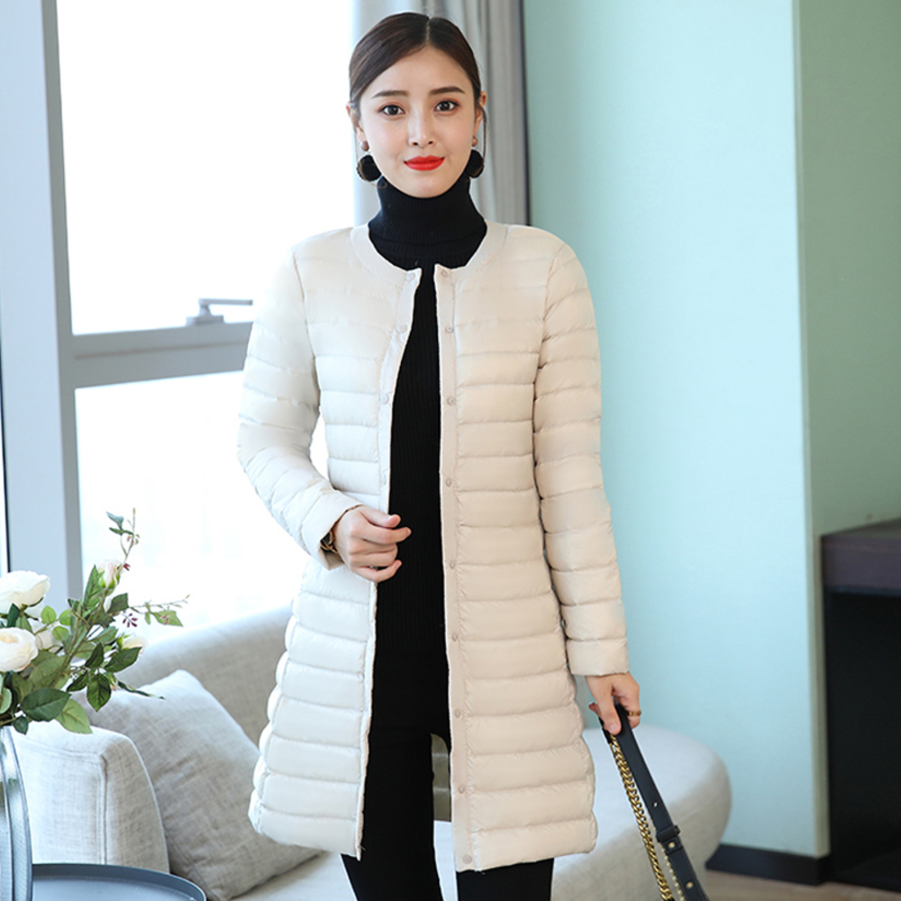 

Winter Womens Jackets Ultra Light O-Neck Duck Down Coat Female Button Long Puffer Jacket Slim Windproof Parkas, Black