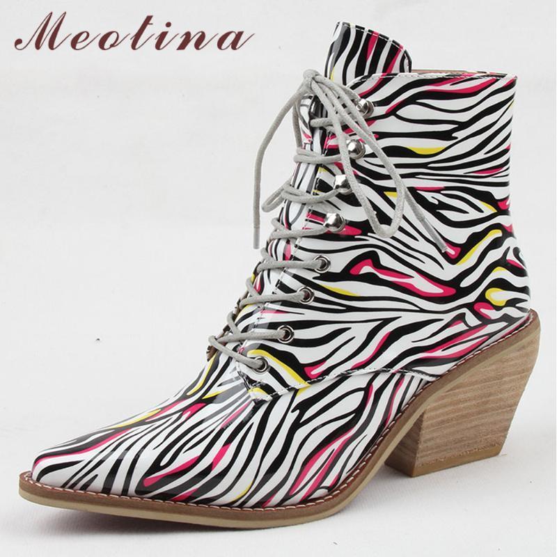 

Meotina Women Ankle Boots Mixed Colors Chunky High Heel Short Boots Lace Up Pointed Toe Ladies Shoes 2021 Autumn Plus Size 35-431, Red