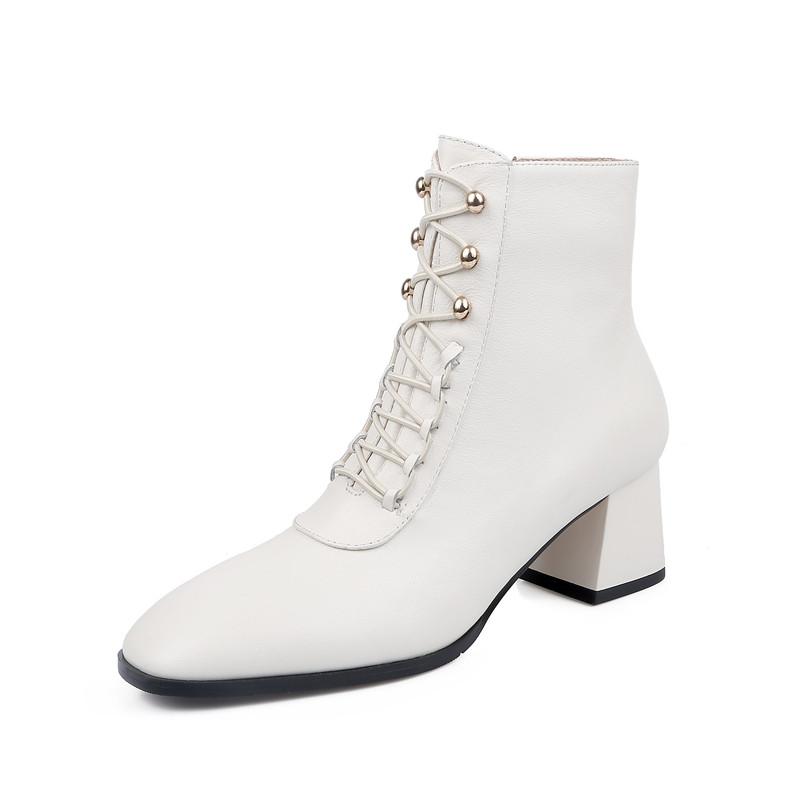 

2020 New Leather Casual Ankle boots Metal Lace-Up Thick Bottom Women Shoes Pointed Toe Square Heel Black White Short Booties