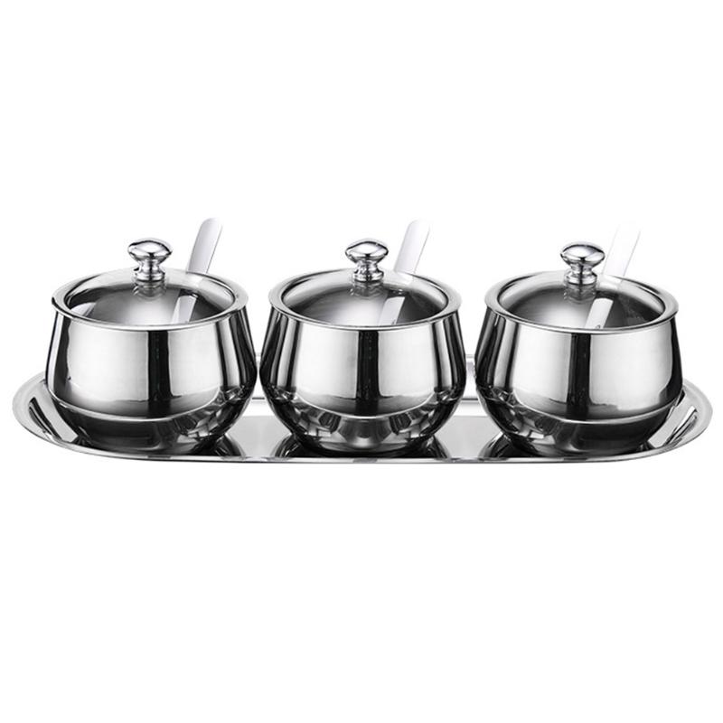

Cooking Dustproof Storage Pot With Spoon Lid Portable Kitchen Seasoning Jar Easy Clean Stainless Steel Sugar Salt Restaurant