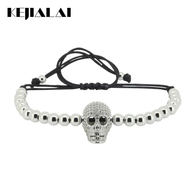 

Anil Arjandas Men Bracelet Water Proof 4mm Brass Beads Micro Pave Clear CZ Skull Bracelet Braiding Macrame Men Jewelry