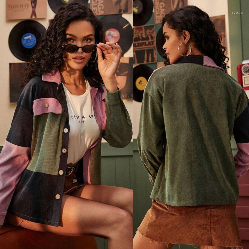 

Vintage Corduroy Shirt Coat Women Stitching color Button down Female Long Sleeve Turn Down Collar Short Jacket Top1