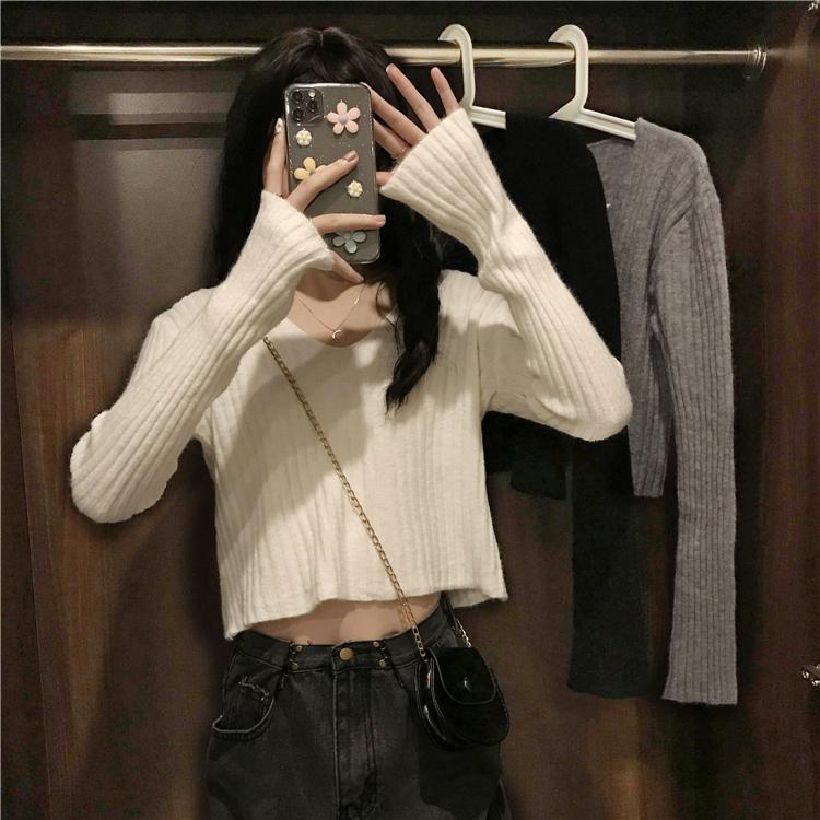 

WJ3255 2020 new slim slimming short clavicle bottoming long-sleeved sweater, Black
