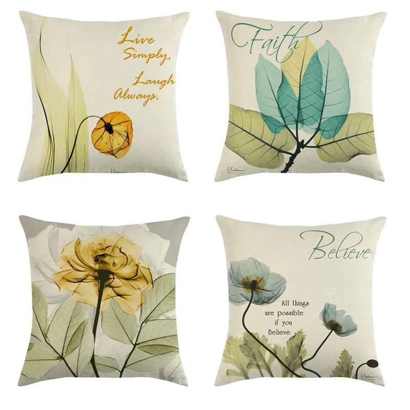

Cushion Cover Green Leaves and Floral Throw Pillow Case Decorative Linen Single-Side Print Pillowcase for Home Sofa, As shown in color