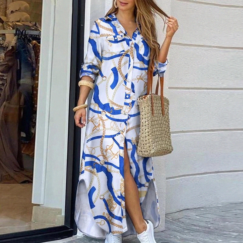 

Elegant Maxi Beach Dress Women Button Down Long Shirt Dress Summer Chain Print Lapel Neck Party Casual Long Sleeve Vestido #Ft1S, Black;gray