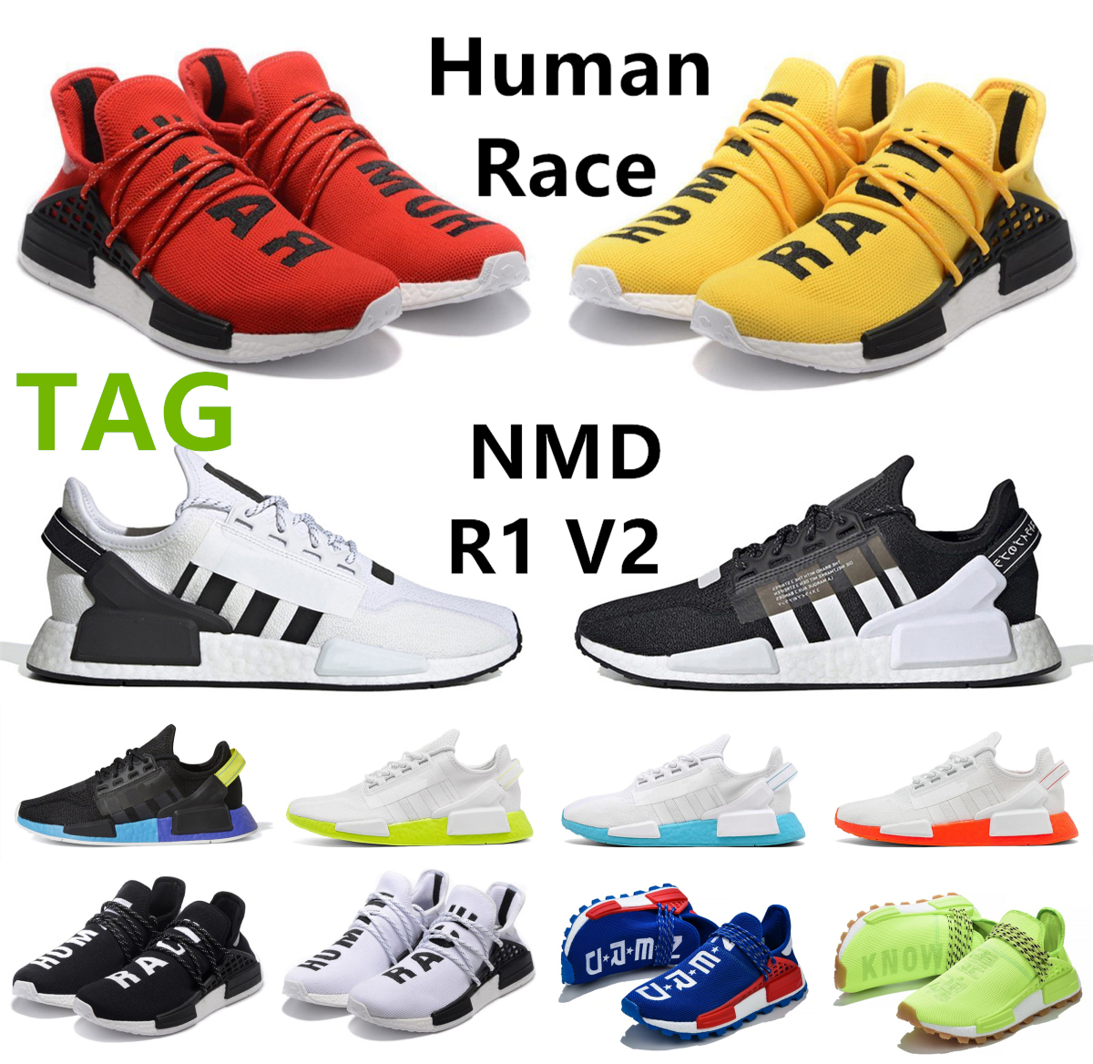 

NMD R1 V2 Human Race Pharrell Williams BBC Mens Womens Running Shoes Mexico City Oreo Classic Core Black White Heart Mind Sports Sneakers, Shoelace
