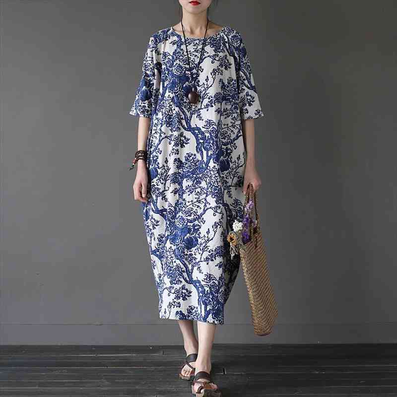 

Summer Cotton Linen Vintage Flower Pint Women Fall Robe Half Sleeve O-neck Washed Plus Size Loose Dresses, Black;gray