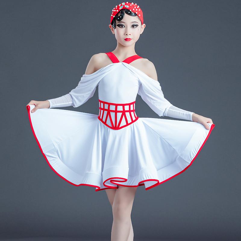 

2021 New Latin Dance Dress For Girls Performance Clothes Children White Strapless Practice Dress Kids Latin Dance Costumes, No headband