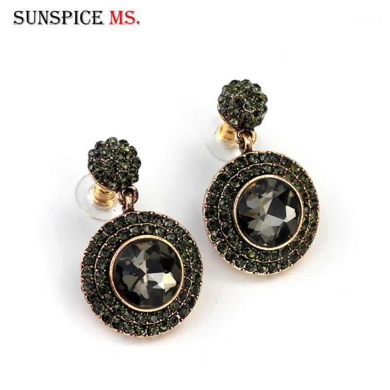 

Dangle & Chandelier Sunspicems Vintage Turkish Gray Crystal Round Drop Earring For Women Antique Gold Color Rhinestone Wedding Jewelry Brida
