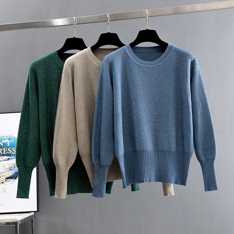 

GIGOGOU Lurex Autumn Winter Women Pullover Sweater OverSize Knitted Jumper Top Warm Casual Female Sweater 201130, Grey