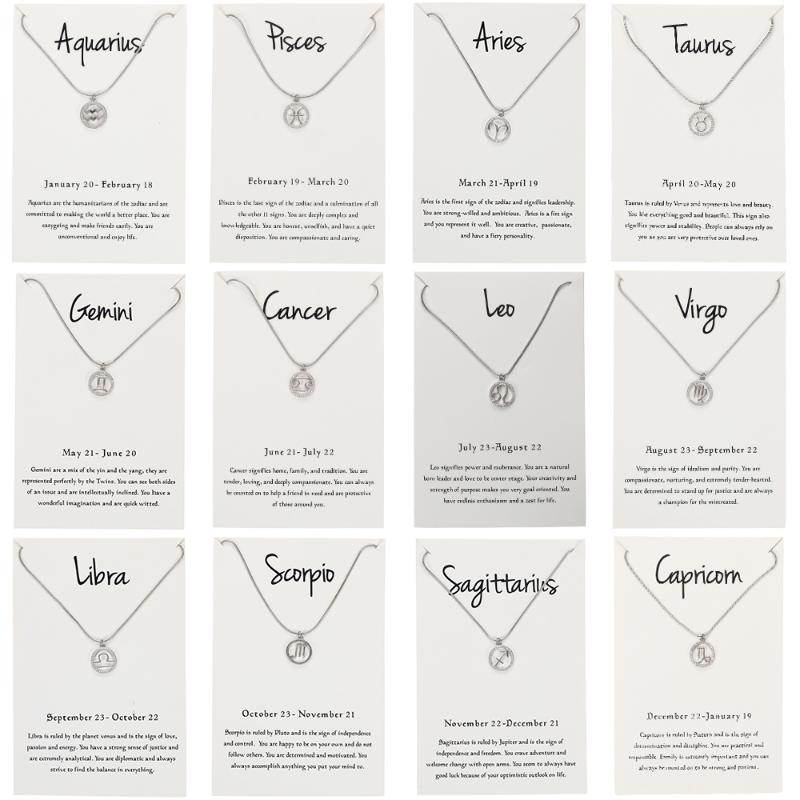 

Wish Card Necklace Silver Color Twelve Constellation Necklace Copper Alloy Pendant Crystal Snake Chains Wish Gift Card