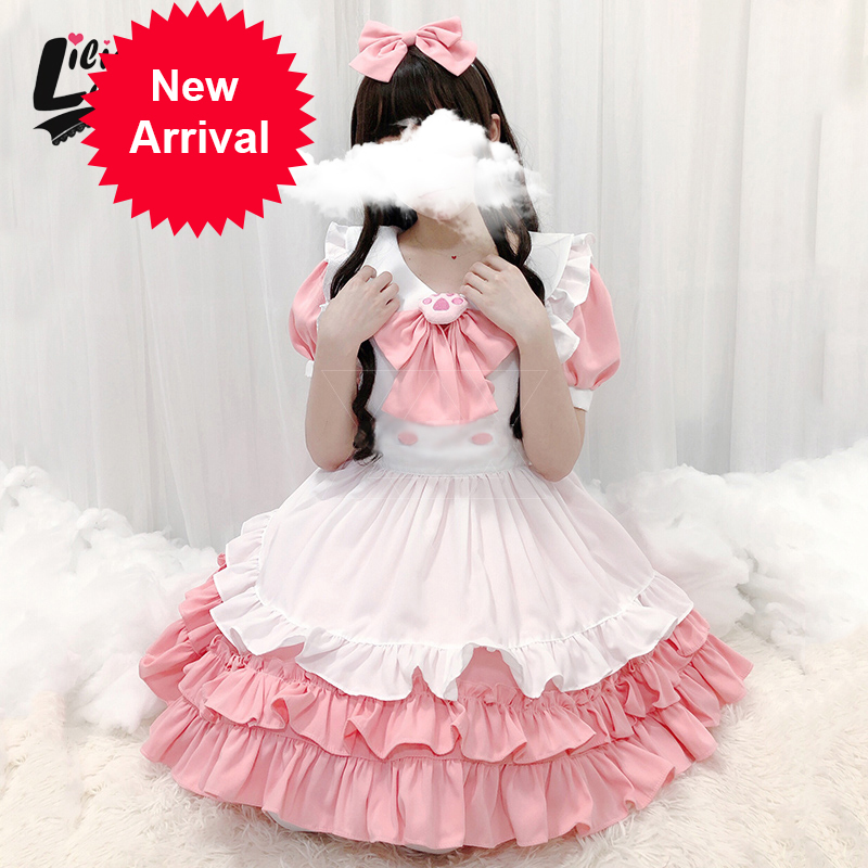 

High quality lovely anime cosplay costumes pink kawaii maid dress with bow-down girl bandana sexy coffee bar uniform