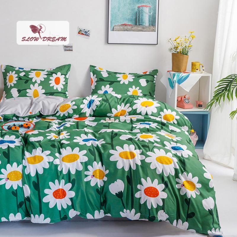 

SlowDream Sunshine Flowers Bedding Set Fashion Duvet Cover Flat Sheet Pillowcase Home Decor Bedclothes Adult US  Family Size1, 31
