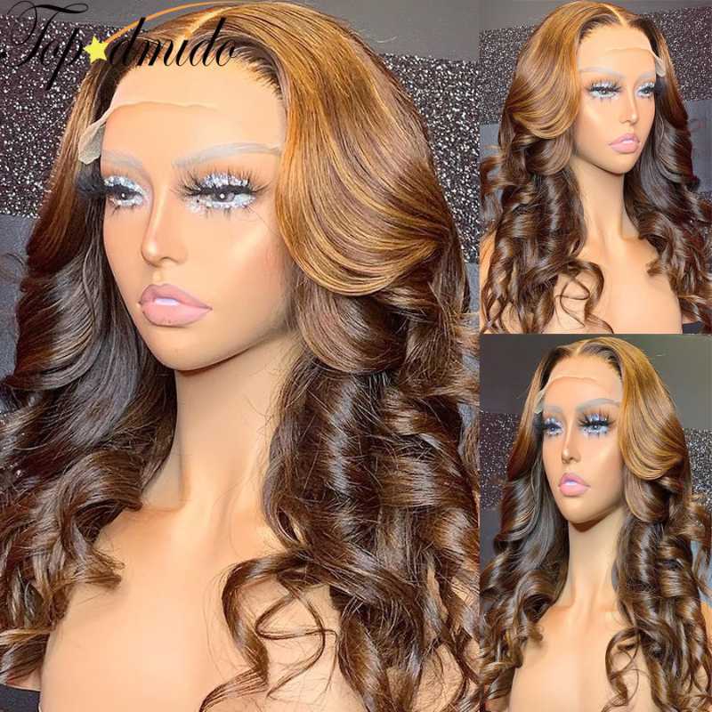 

Topodmido Blonde Brown Highlight Color Brazilian Hair Lace Front Wigs 13x6 Body Wave Remy Human Hair Lace Front Glueless Wig, As pic