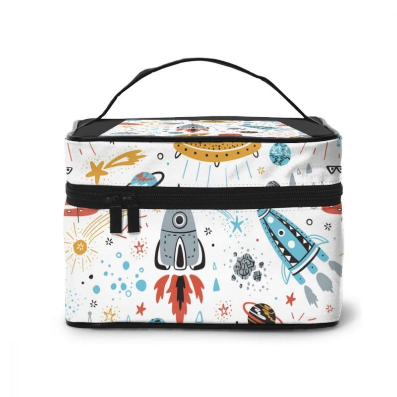 

High Capacity Makeup Bag Travel Cosmetic Bag Cartoon Rockets Planets Stars Comets And UFOs Beauty, One color