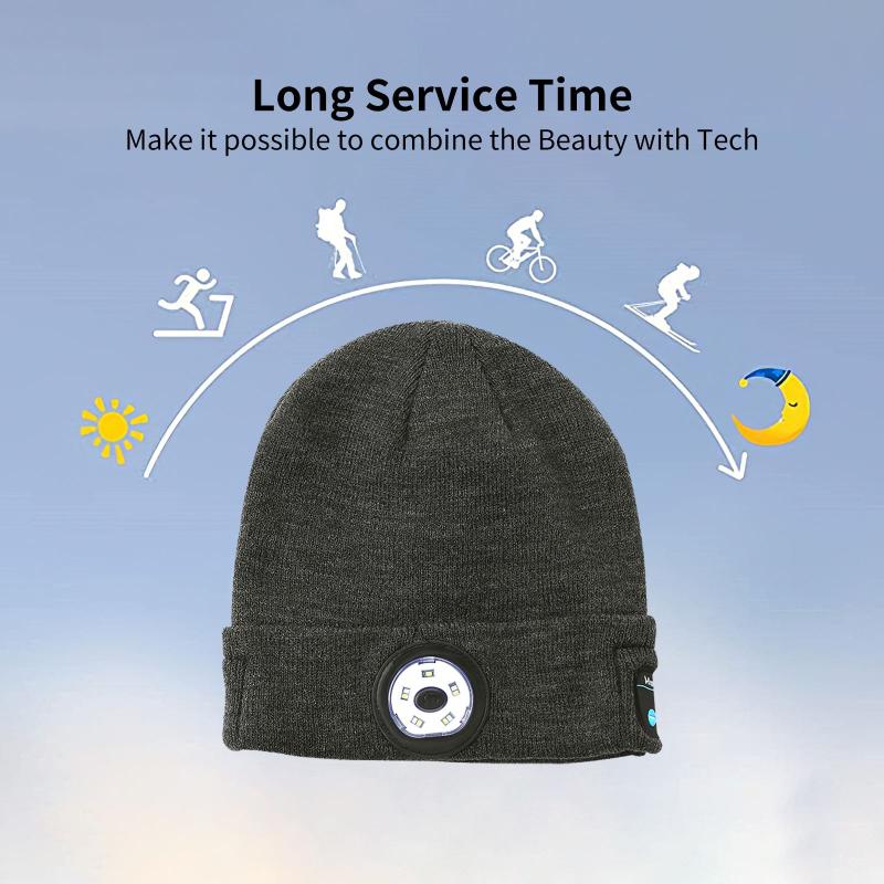 

Winter Beanie Hat Wireless Bluetooth5.0 Smart Cap Headphone Headset With 5 LED Light Handfree Music Headphone Warm cable Knitted, Black