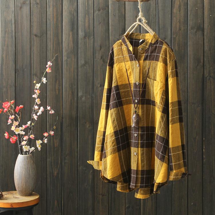 

blusas mujer bluzki damskie plus size women plaid blouse female autumn Japanese style stand collar yellow green plaid shirt, Black