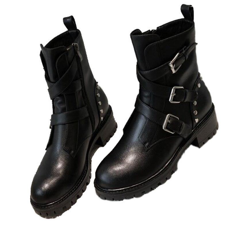 

Women Round Toe Rivet Boots Luxury Black High Top Ankle Shoes Square Heel Fashion Short Booties Strap Botas Zapatos Mujer, As show