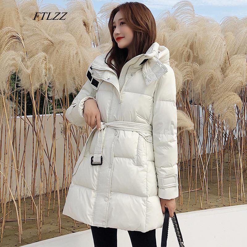 

FTLZZ New Winter Down Long Jackets Women Warm Ultra Light 90% White Duck Down Parka Hooded Slim Sash Tie Up Outerwear, Black